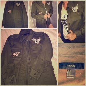 Dark green, button up, patched jean jacket.